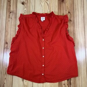 St. John's Bay Red Dotted V-Neck Sleeveless Ruffle Button Cotton Blouse XXL